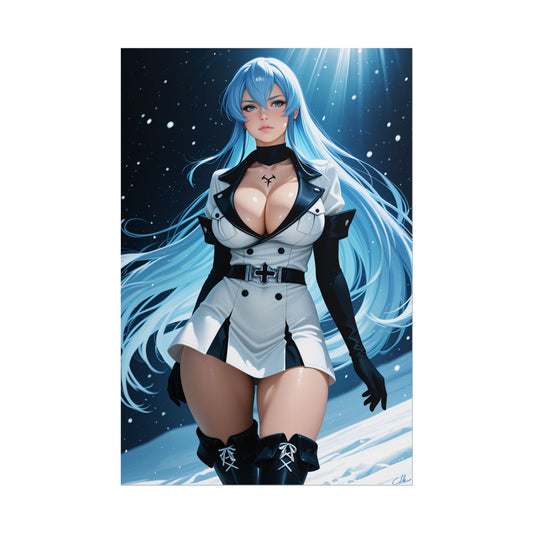 Esdeath Poster, Blue-Haired Anime Girl Art Print, Waifu Warrior Wall Decor - cinematic icy blue-haired waifu in elegant uniform, ultra-high resolution wall print
