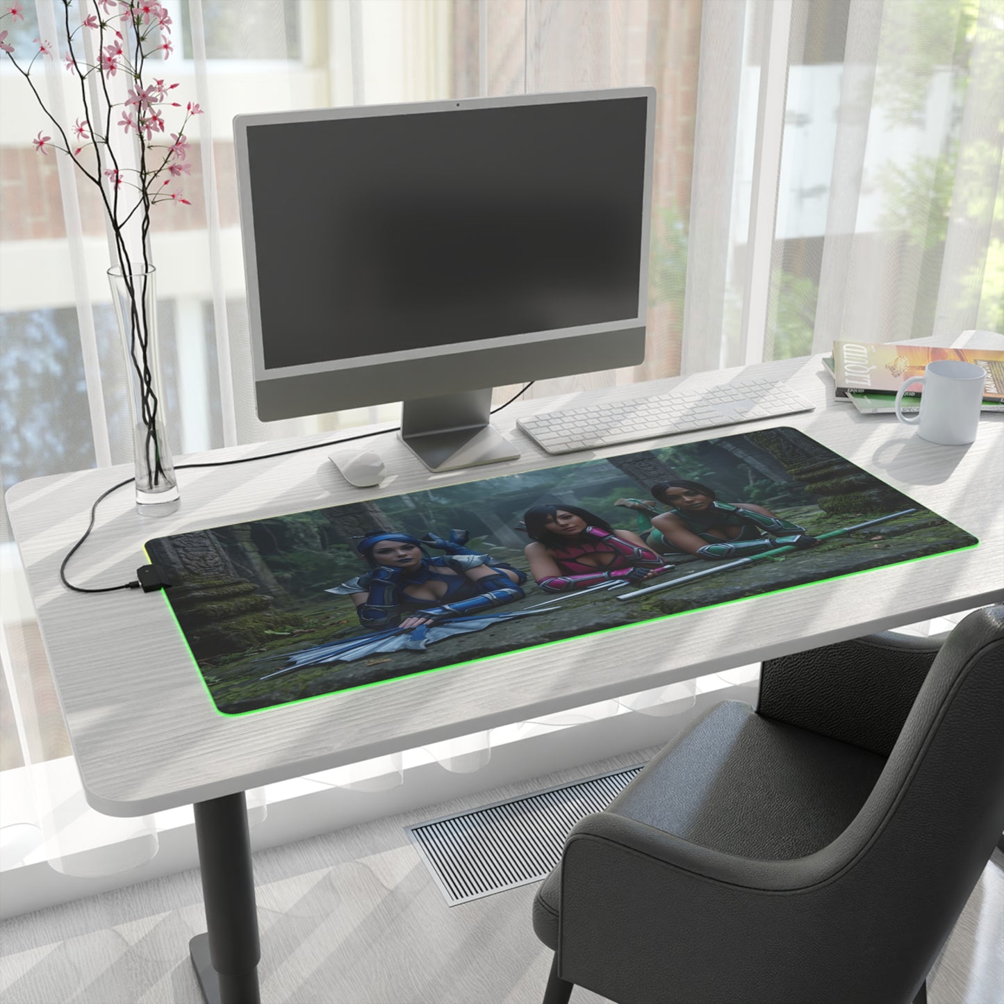 Kitana, Jade, Mileena Desk Mat – LED RGB Pad on white desk with computer, RGB edge lighting and Edenian warrior trio artwork