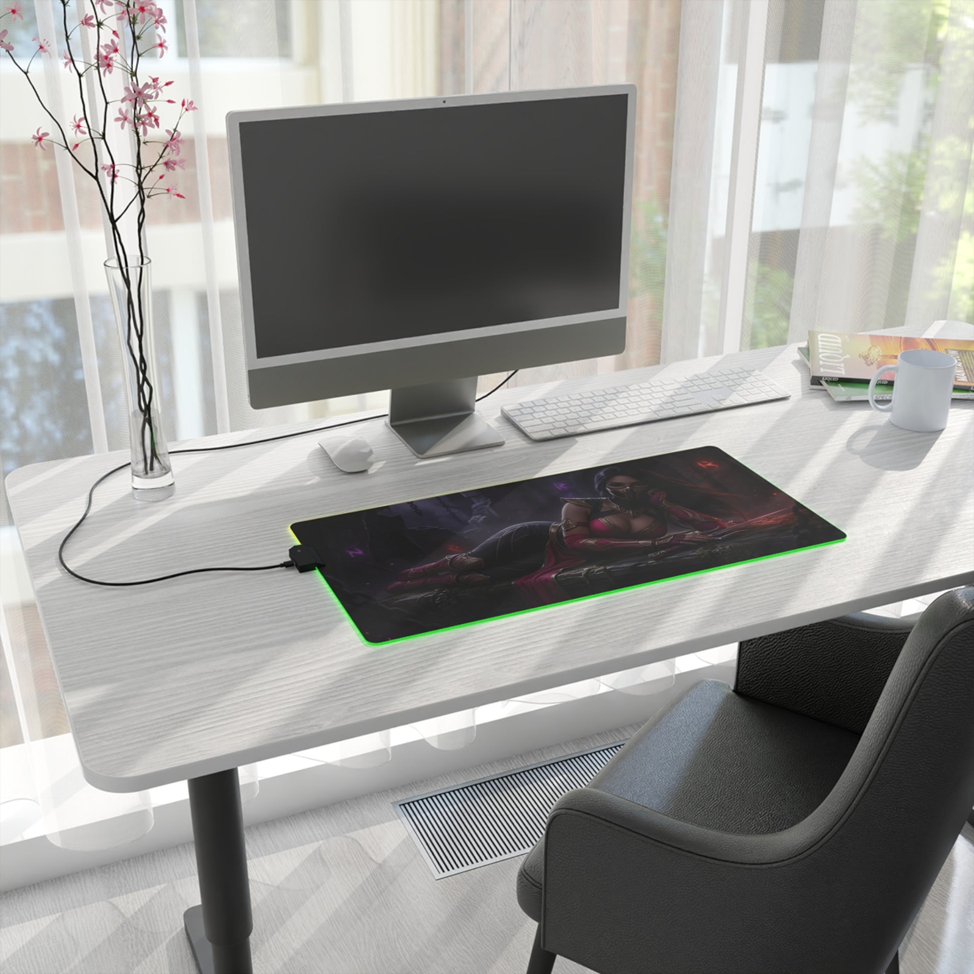 Mileena Desk Mat – LED RGB Pad, Waifu Assassin Anime Girl Setup on modern white desk with green LED lighting and anime assassin artwork
