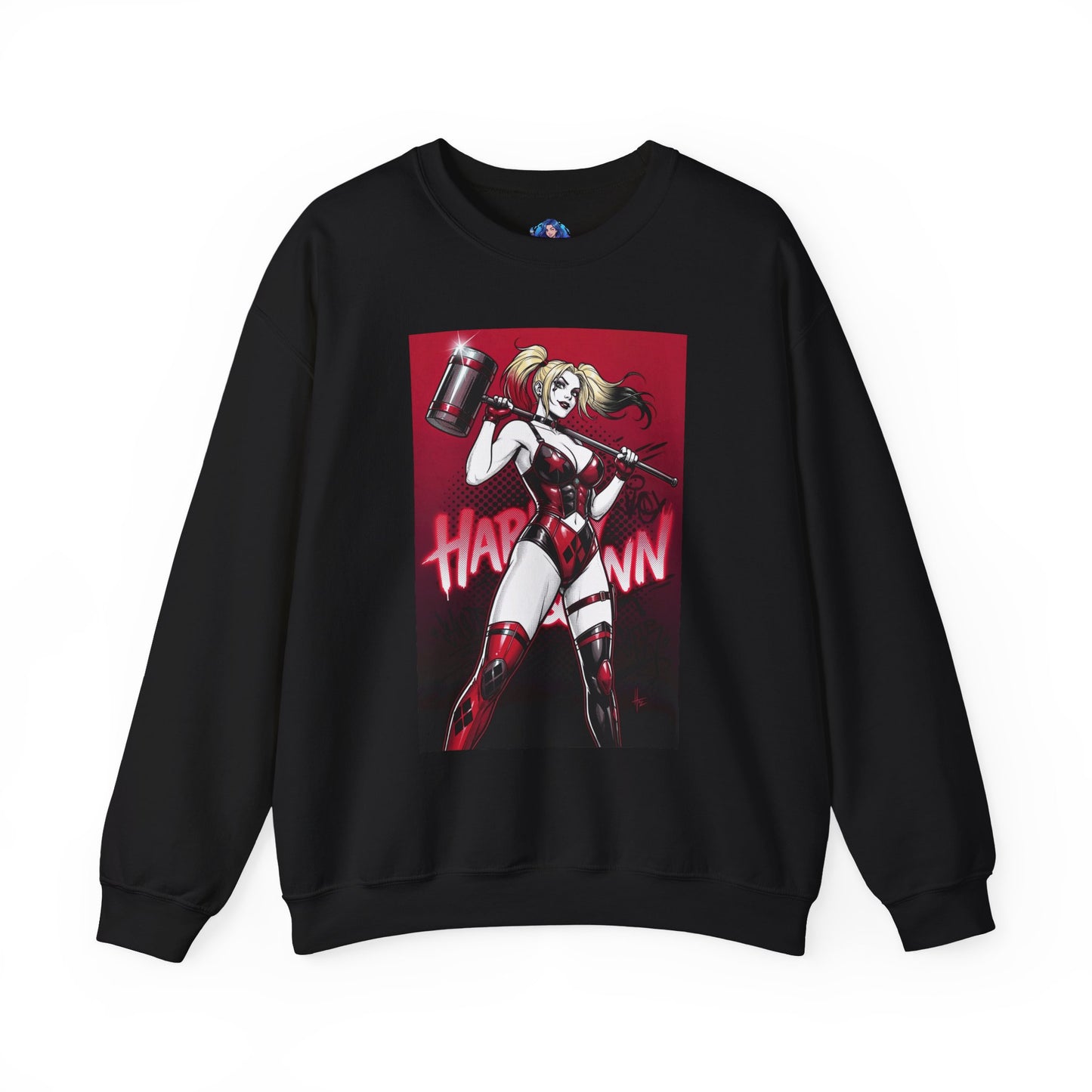 Harley Quinn Sweatshirt, DC Comics Pop Art Style, Premium Fan Apparel — black crewneck with anime Harley holding oversized hammer