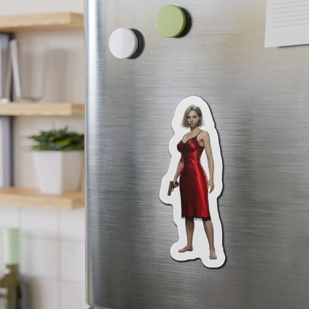 Grace Ashcroft Magnet, Resident Evil Fridge Magnet, Horror Character Gamer Gift – anime-style Grace Ashcroft in red dress vinyl fridge magnet
