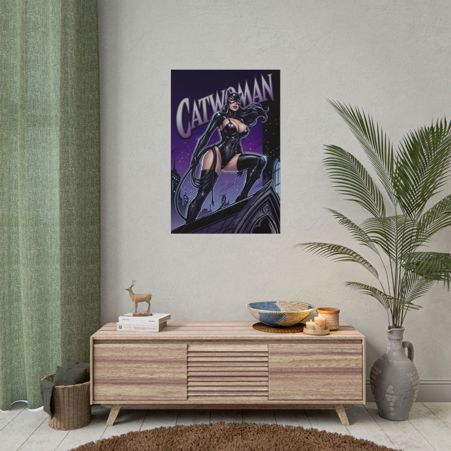 Catwoman Poster / Catwoman Wall Art / Catwoman Art Print / DC Comics Poster - sleek nighttime Catwoman perched above city, glossy highlights, femme fatale vibe