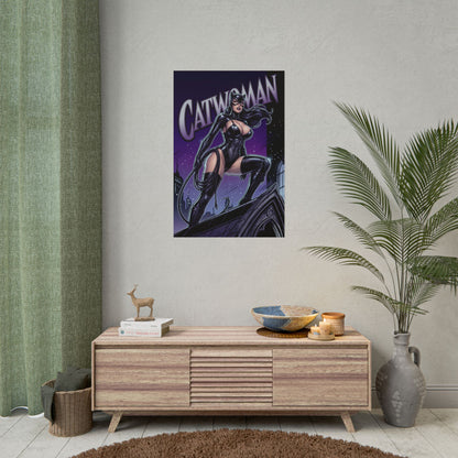 Catwoman Poster / Catwoman Wall Art / Catwoman Art Print / DC Comics Poster - sleek nighttime Catwoman perched above city, glossy highlights, femme fatale vibe
