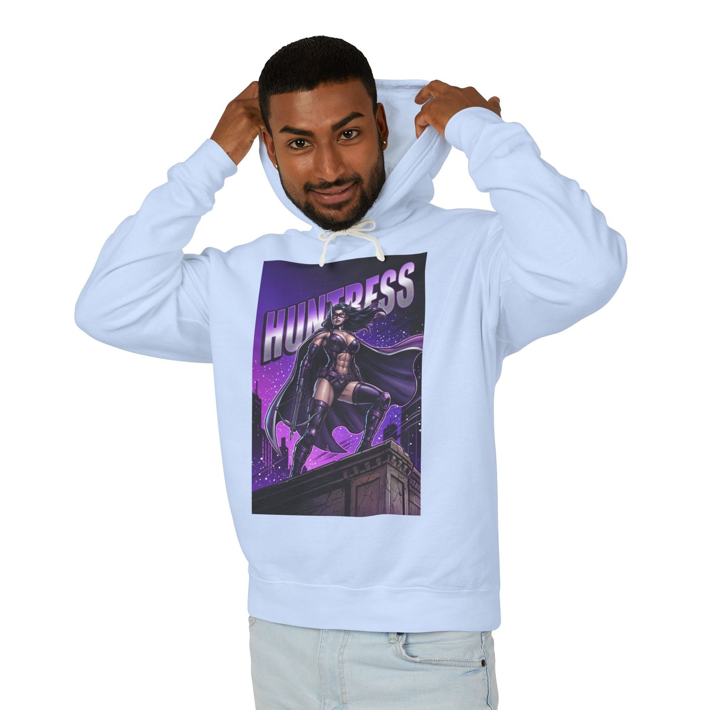 Huntress Hoodie | DC Vigilante Hoodie | Gotham Avenger Pullover - light blue streetwear hoodie with Huntress graphic print