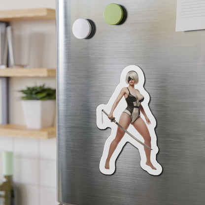2B Magnet – NieR Automata Anime Heroine Fridge Magnet, Game Decor die-cut vinyl fridge magnet showing 2B with sword in anime-style artwork