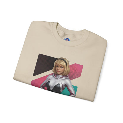 Spider Gwen Sweatshirt, Spider-Verse Crewneck, Stylish Superhero Apparel for Fans - beige crewneck with Spider Gwen portrait and pink geometric accents