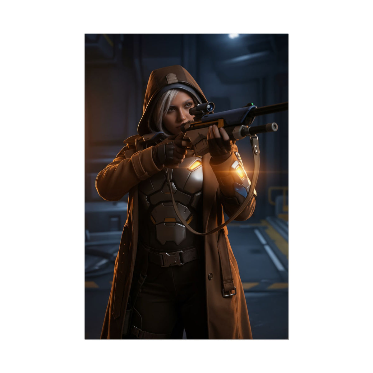 Ana Poster, Overwatch Art Print  Iconic Support Sniper Heroine showing a hooded Ana aiming her sniper in a futuristic gaming room
