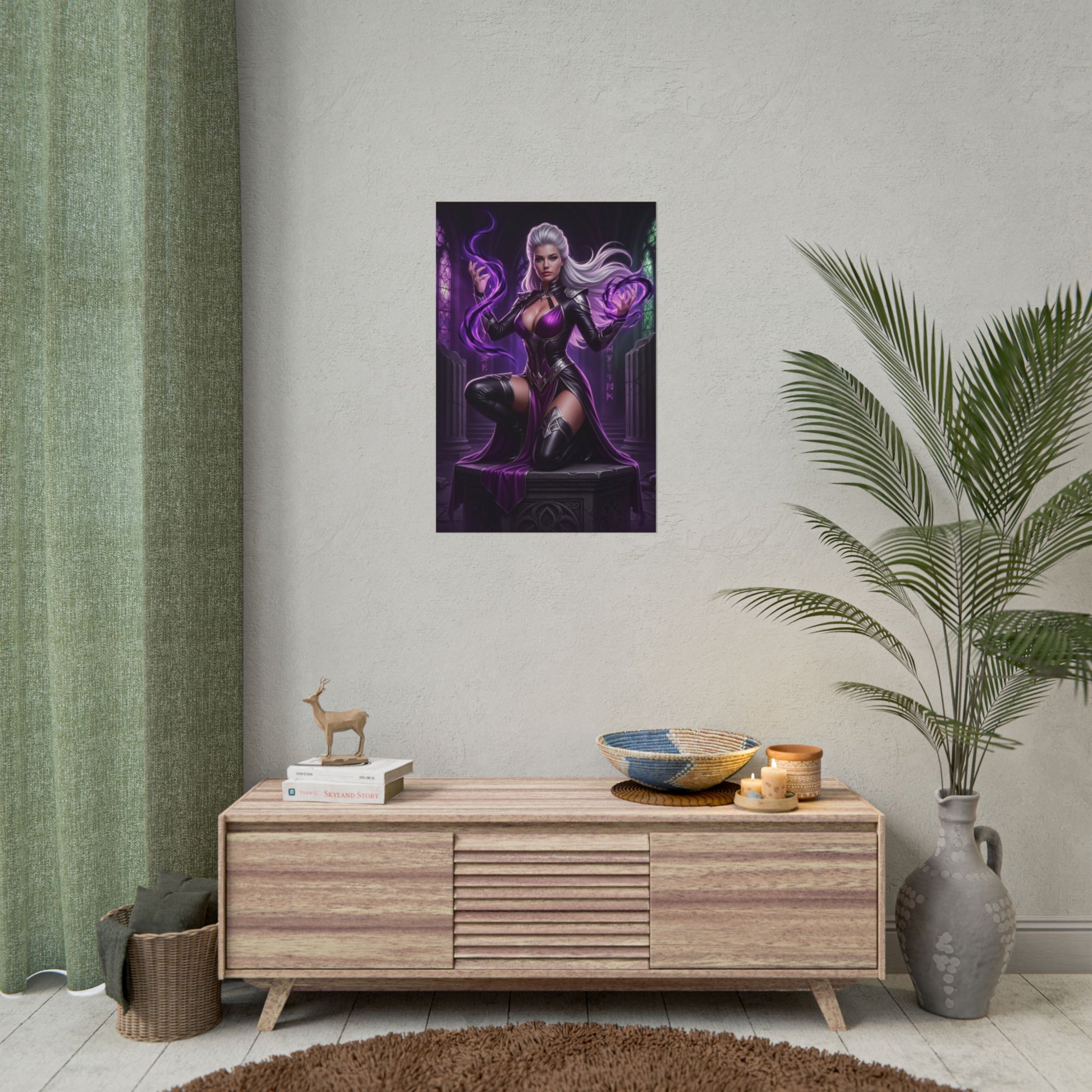 Sindel MK Poster – Powerful Mortal Kombat Queen Wall Art for Gamer Decor featuring purple dark fantasy portrait on wall