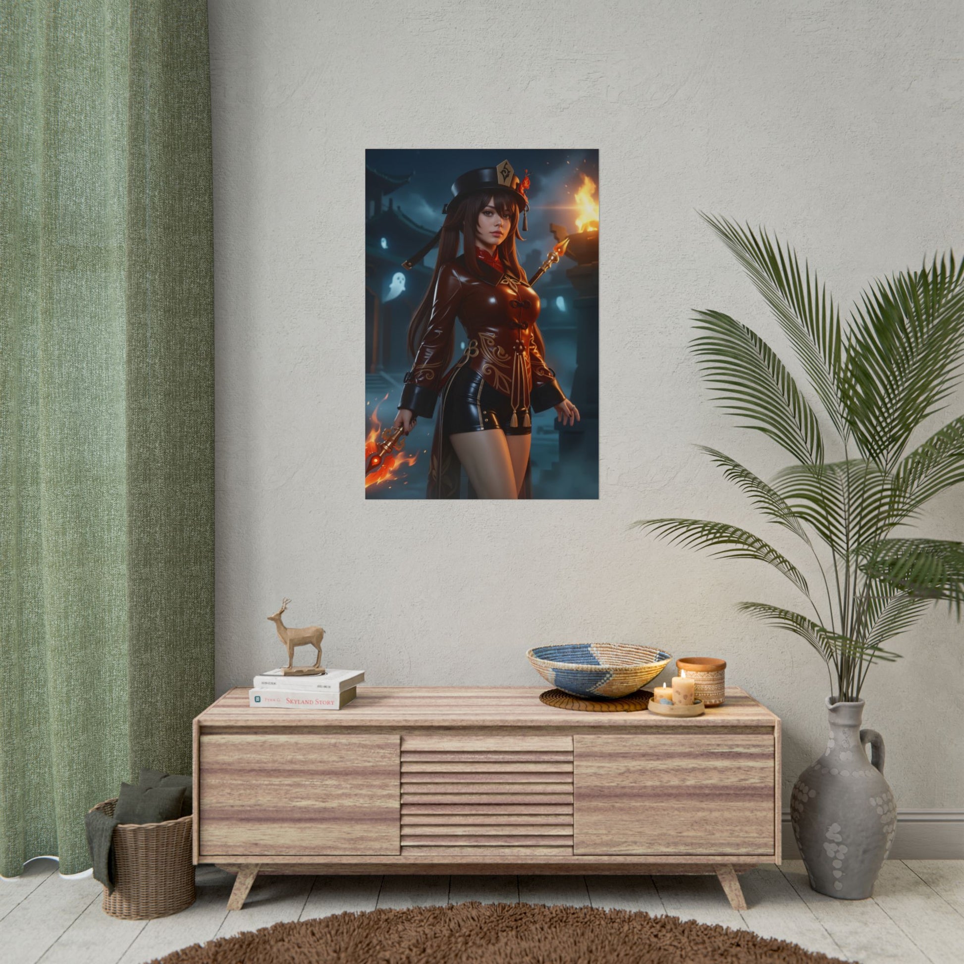 Hu Tao Poster, Genshin Impact Art Print – Iconic Pyro Heroine Wall Art hung in minimalist gamer room above console