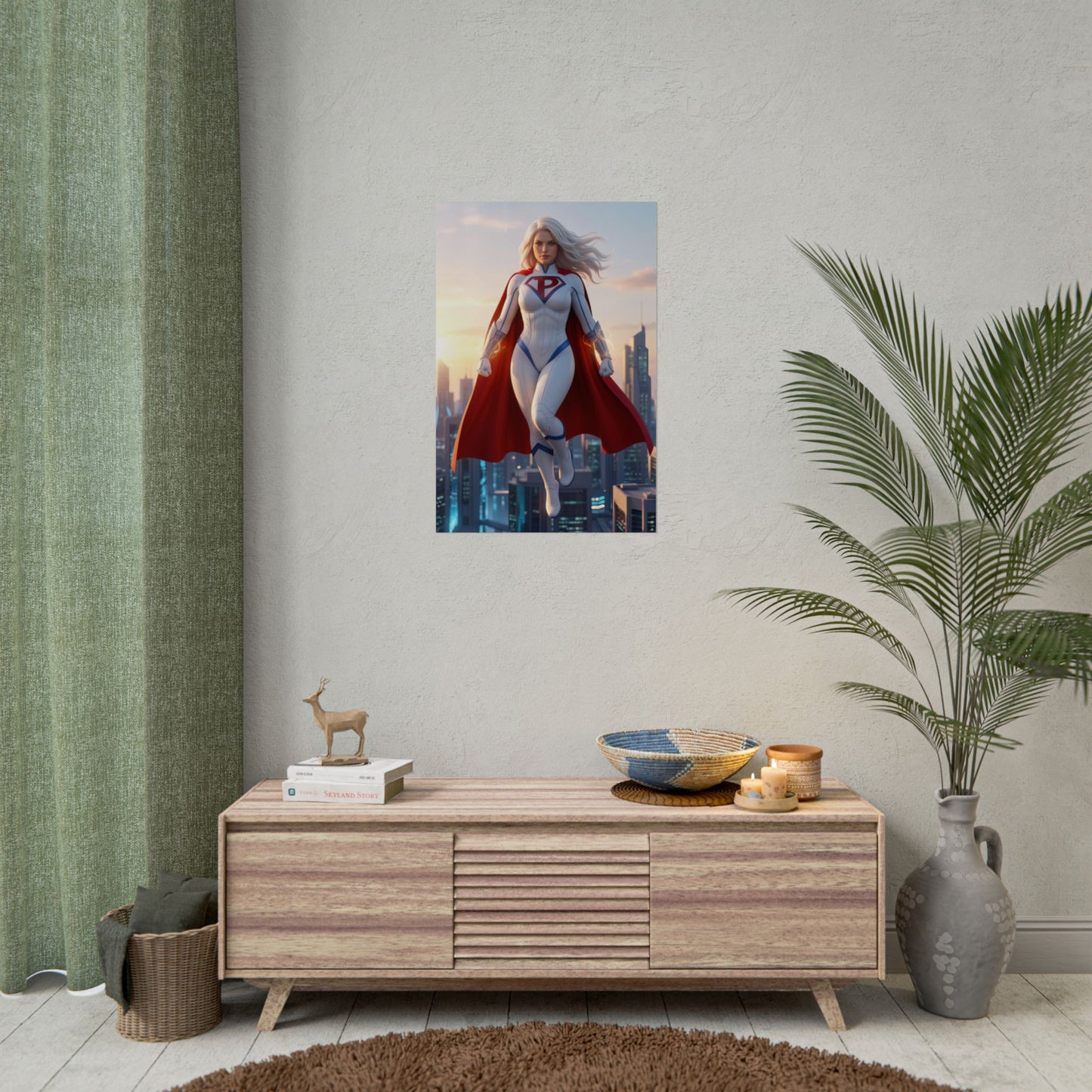 Power Girl Poster, DC Comics Wall Art Print – Heroine Decor on living room wall above media console