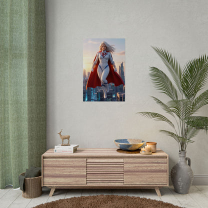 Power Girl Poster, DC Comics Wall Art Print – Heroine Decor on living room wall above media console