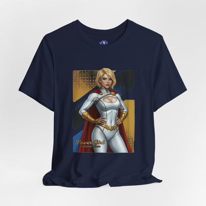 Power Girl T-Shirt | DC Comics Anime Tee for Gamers & Hero Fans - anime-style Power Girl standing confident on navy Bella Canvas tee