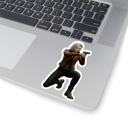 Grace Ashcroft Sticker, Resident Evil Sticker, Gaming Room Decor, Gamer Gift - glossy vinyl laptop decal of female character aiming handgun