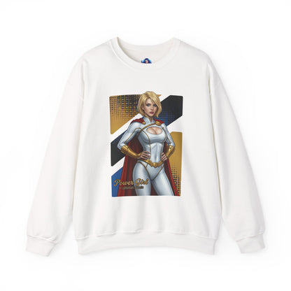 Power Girl Sweatshirt, DC Comics Crewneck, Bold Superhero Apparel for Fans — white crewneck featuring bold Power Girl artwork and gold accents