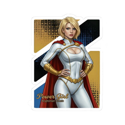 Power Girl Sticker – Comic Heroine Vinyl Sticker for Laptops & Indoor Decor bold glossy vinyl sticker showing confident blonde heroine in white suit and red cape