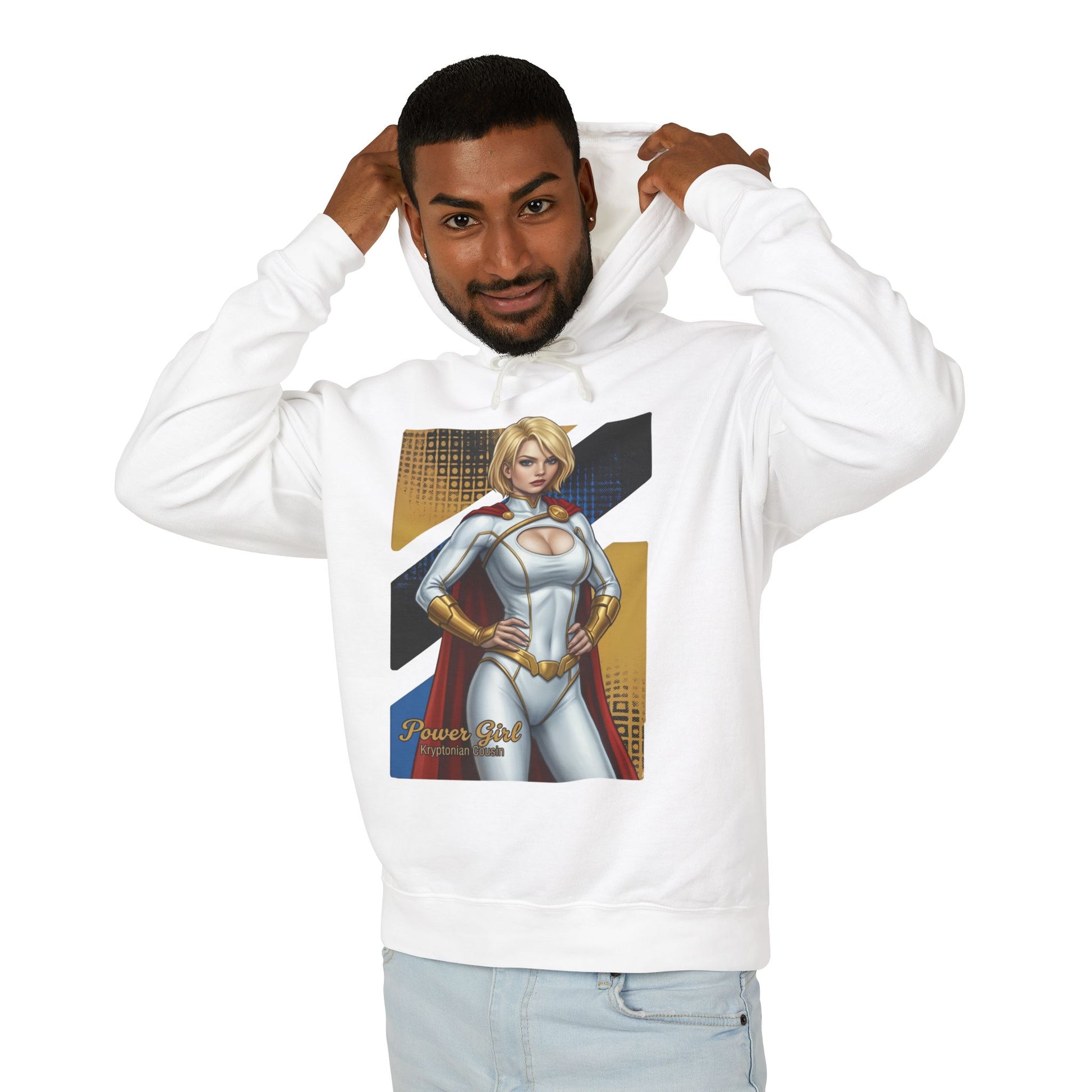 Power Girl Hoodie | DC Comics Hoodie | Anime Superheroine Pullover model wearing white pullover with anime-style Power Girl illustration