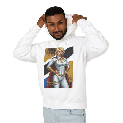 Power Girl Hoodie | DC Comics Hoodie | Anime Superheroine Pullover model wearing white pullover with anime-style Power Girl illustration