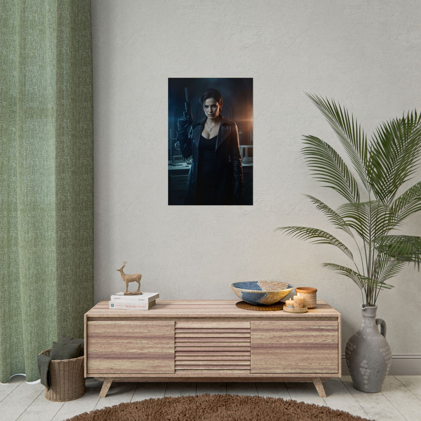 Alex Wesker Poster, Resident Evil Art Print – Iconic Villain Wall Art shown as dark, moody gaming room wall art above wooden console