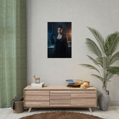 Alex Wesker Poster, Resident Evil Art Print – Iconic Villain Wall Art shown as dark, moody gaming room wall art above wooden console