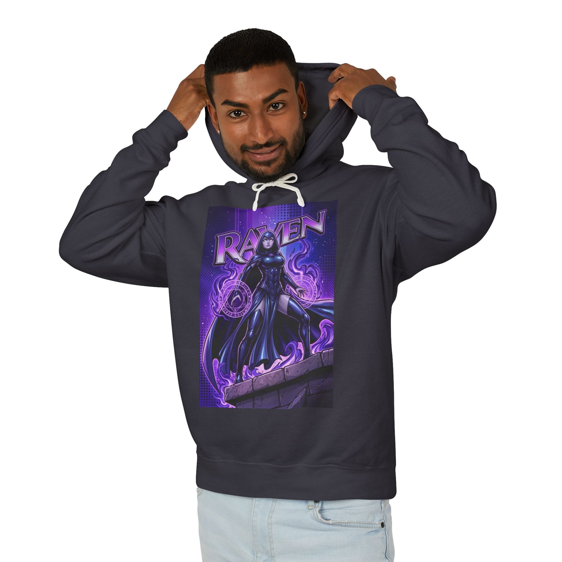Raven Hoodie | DC Superhero Hoodie | Dark Magic Empress Pullover on man wearing dark purple graphic hoodie showcasing Raven artwork