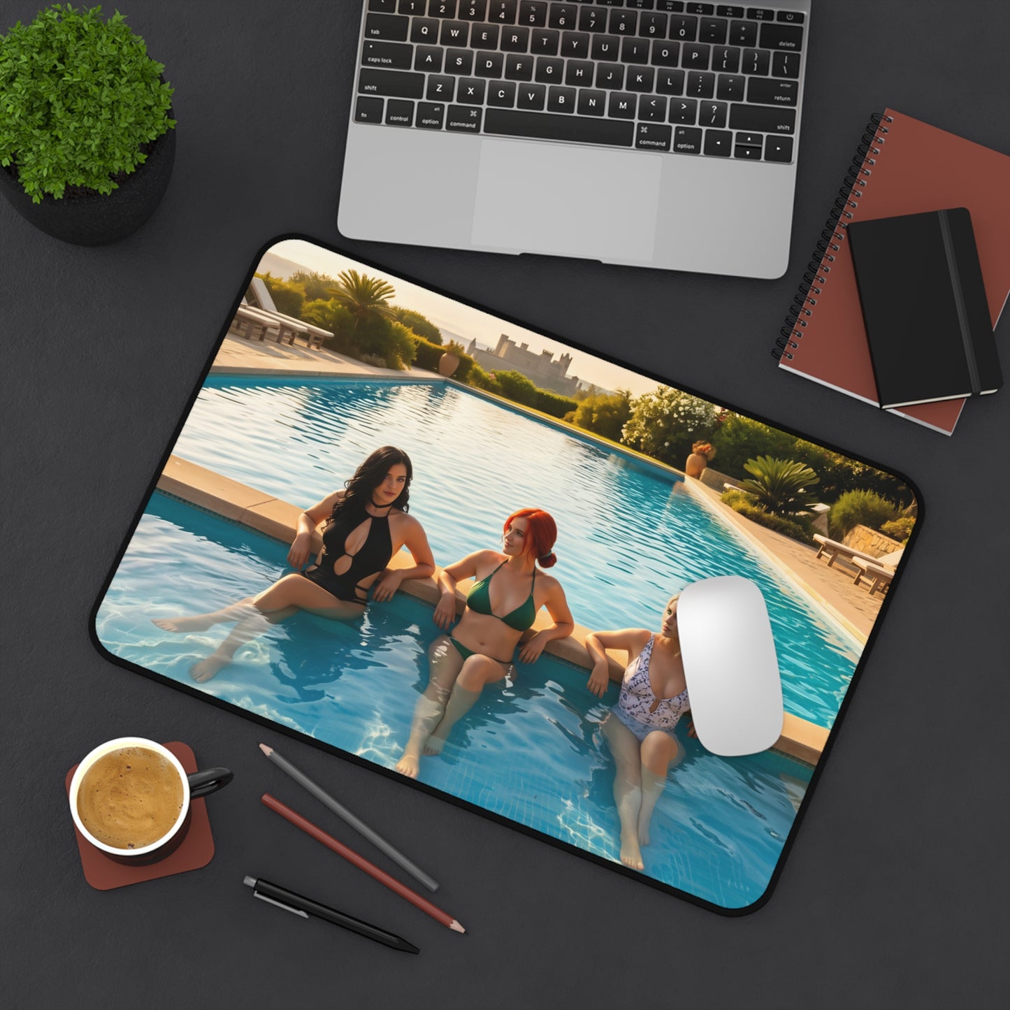 Witcher Gaming Mouse Pad – Ciri Triss Yennefer Desk Mat, Fantasy RPG Setup poolside artwork on desk mat with laptop and mouse
