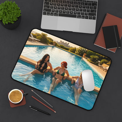 Witcher Gaming Mouse Pad – Ciri Triss Yennefer Desk Mat, Fantasy RPG Setup poolside artwork on desk mat with laptop and mouse