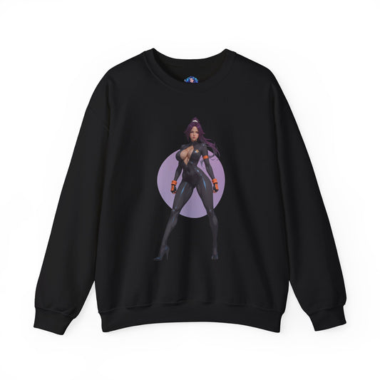 Yoruichi Shihouin Sweatshirt, Bleach Crewneck, Stylish Anime Streetwear for Fans — black crewneck with Yoruichi illustration and purple circle background