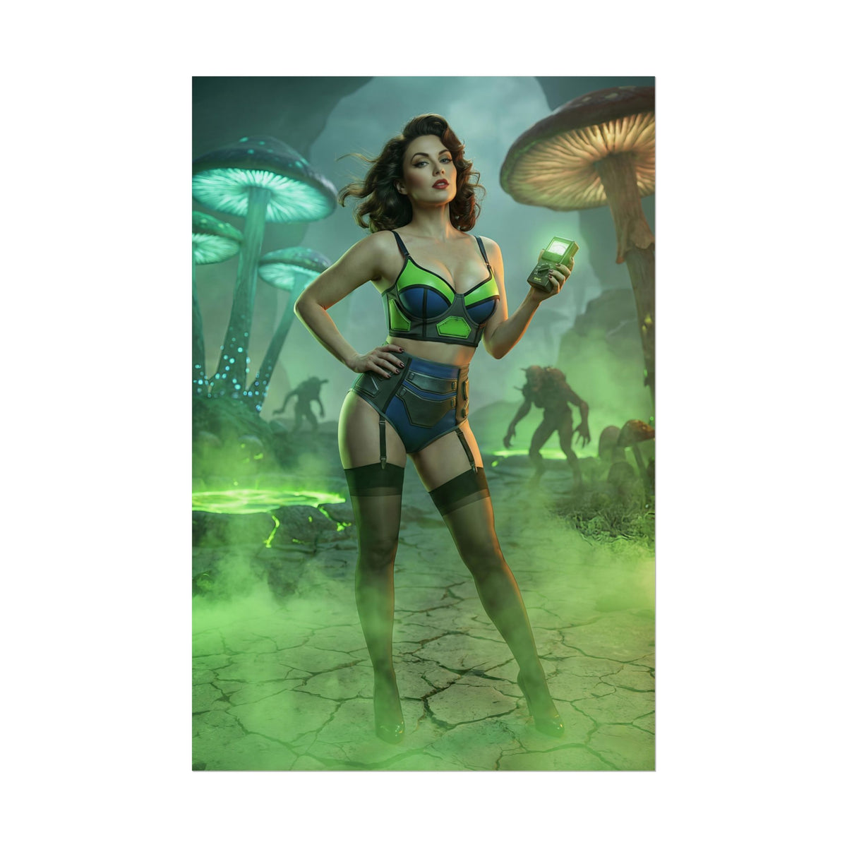 Fallout Mutant Hunter Woman Poster / Fallout Hunter Wall Art / Fallout Hunter Art Print / Fallout Poster - confident mutant hunter woman standing amid glowing mushrooms and mutants