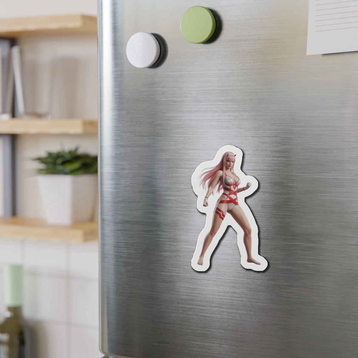 Zero Two Magnet – Anime Character Fridge Magnet, Sci-Fi Decor on stainless steel fridge showing die-cut vinyl anime character magnet