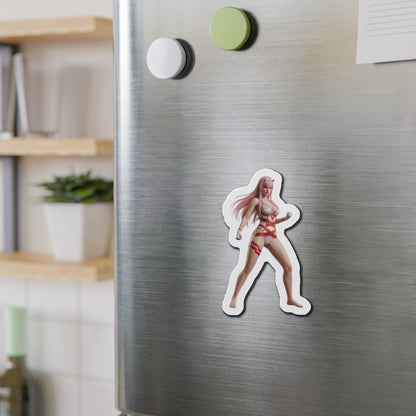 Zero Two Magnet – Anime Character Fridge Magnet, Sci-Fi Decor on stainless steel fridge showing die-cut vinyl anime character magnet