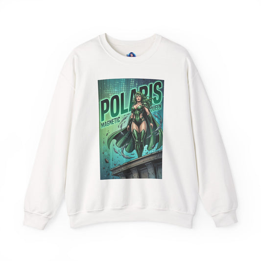 Polaris Sweatshirt, Marvel Crewneck, Magnetic Power Superhero Apparel — white crewneck with comic-style Polaris graphic, green hair and magnetic effects