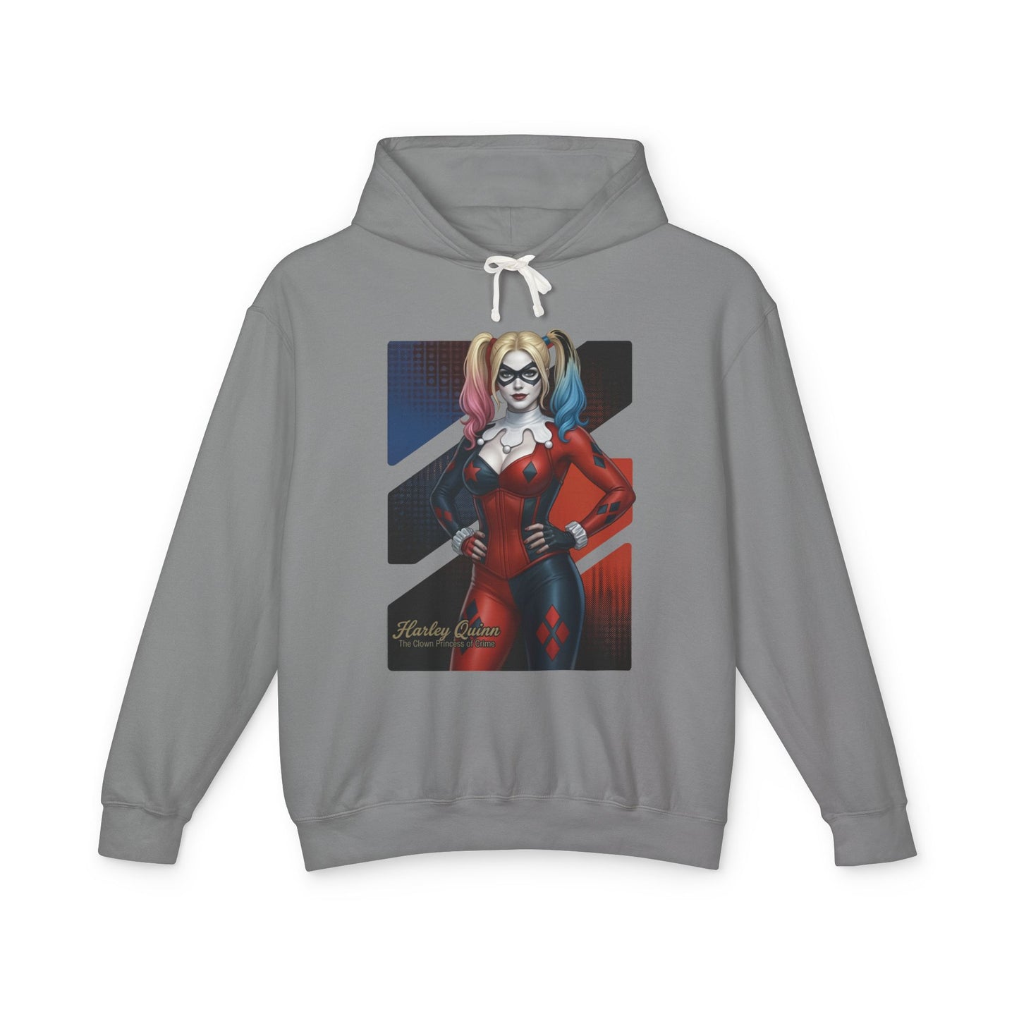 Harley Quinn Hoodie | DC Comics Hoodie | Anime Villain Girl Pullover gray pullover with bold anime-style Harley Quinn illustration, cotton streetwear