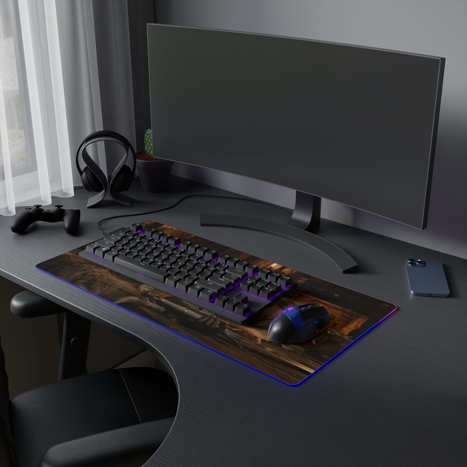 Ciri Desk Mat – LED RGB Pad, Waifu Fantasy Girl Gaming Setup on dark gaming desk with keyboard mouse and purple RGB lighting