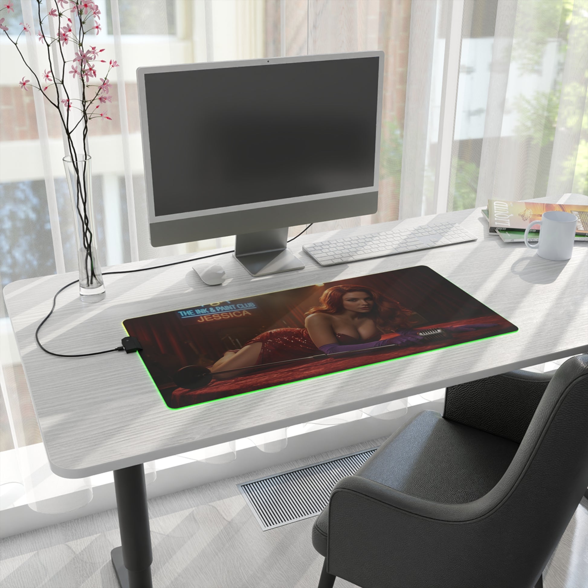Jessica Rabbit Desk Mat – LED RGB Pad, Waifu Anime Girl Setup on minimalist white desk with green LED glow, smooth precision-cloth surface