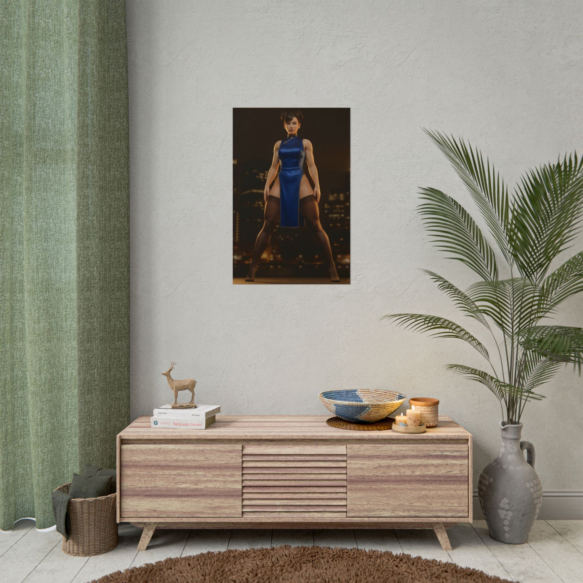 Chun-Li Poster, Street Fighter Art Print – Classic Arcade Wall Art displayed in a retro gaming room over a console