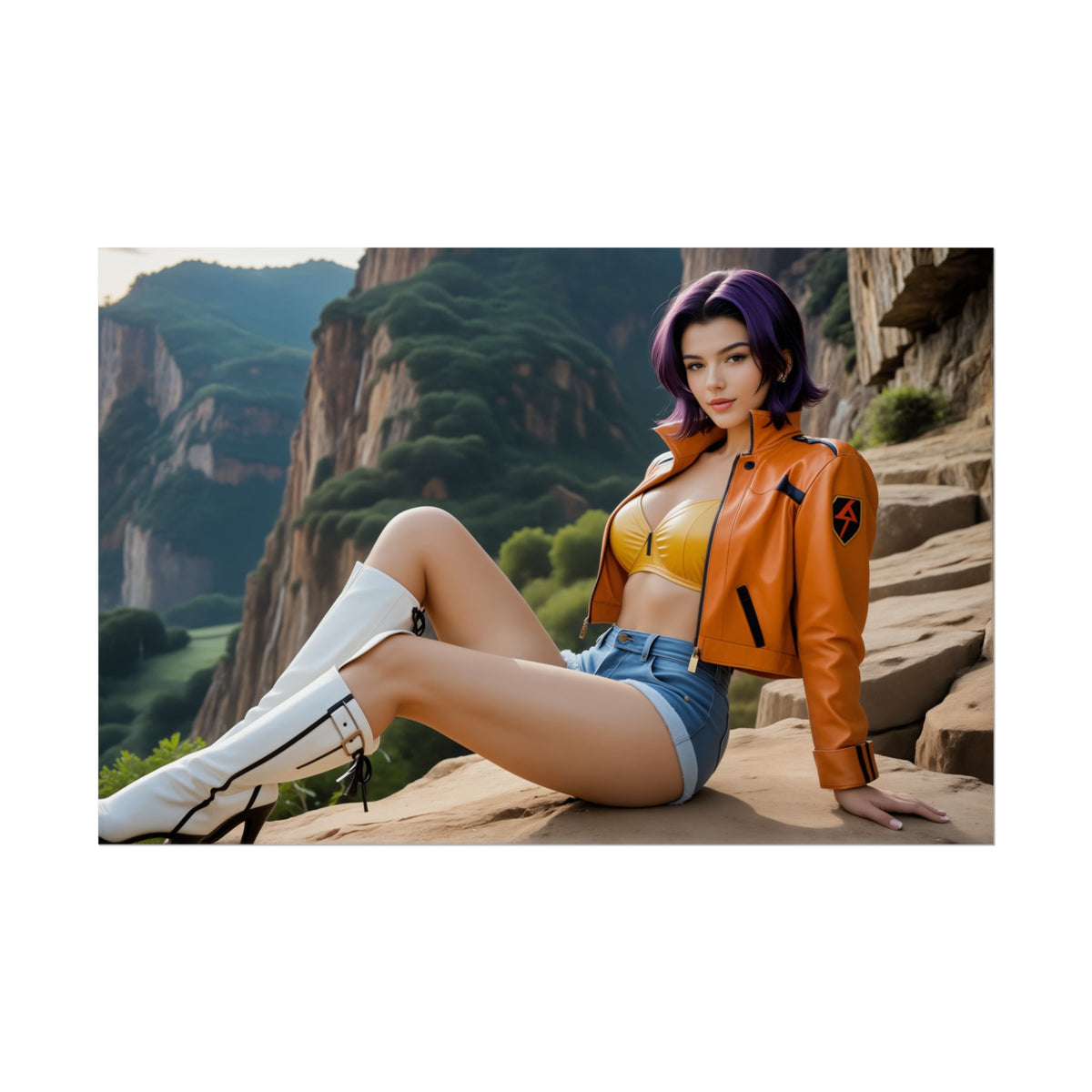 Retro Anime Poster | Faye Valentine Waifu Wall Art for Otaku Bedrooms - neon 90s space noir style print of Faye in orange jacket