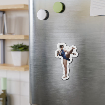 Alt Tag: Chun-Li Magnet – Street Fighter Character Fridge Magnet, Anime Game Decor die-cut vinyl fridge magnet showing Chun-Li kicking