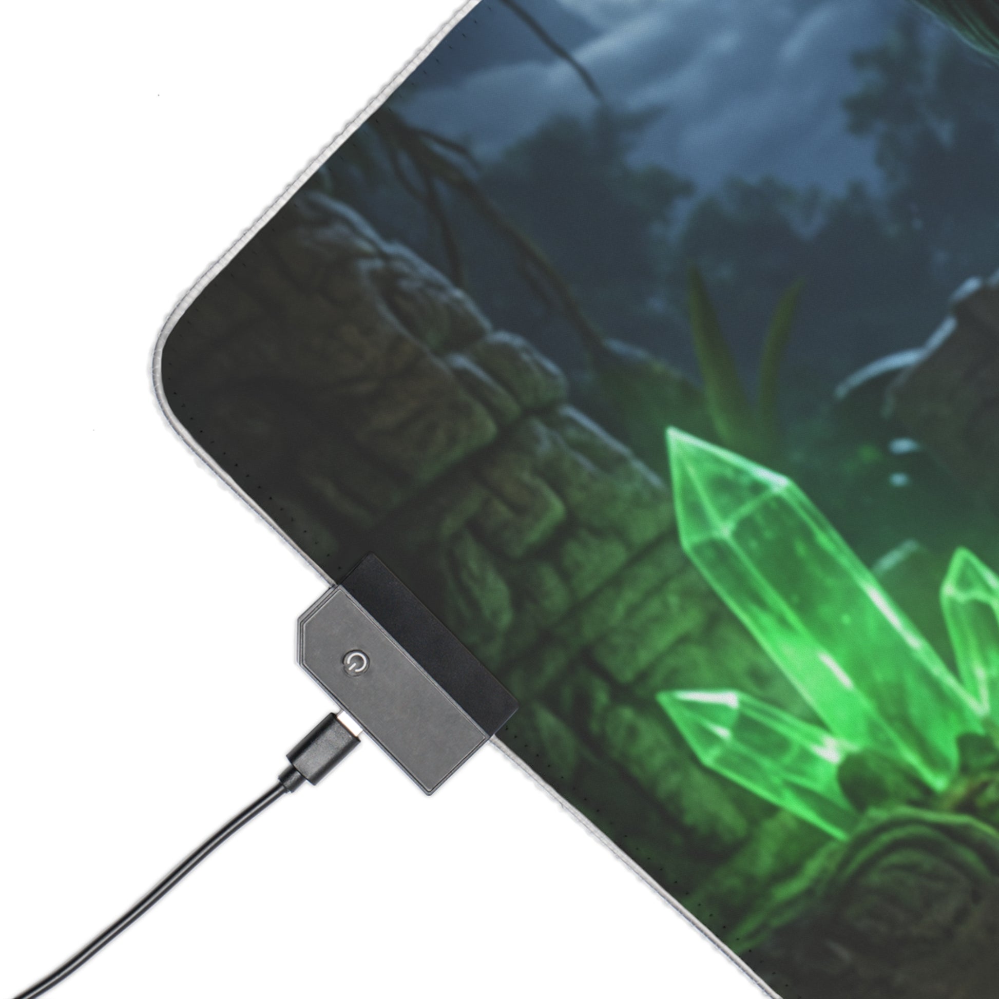Alt Tag: Jade Desk Mat – LED RGB Pad, Waifu Fighter Anime Girl Setup gaming mat corner with USB LED controller and glowing jade crystal artwork