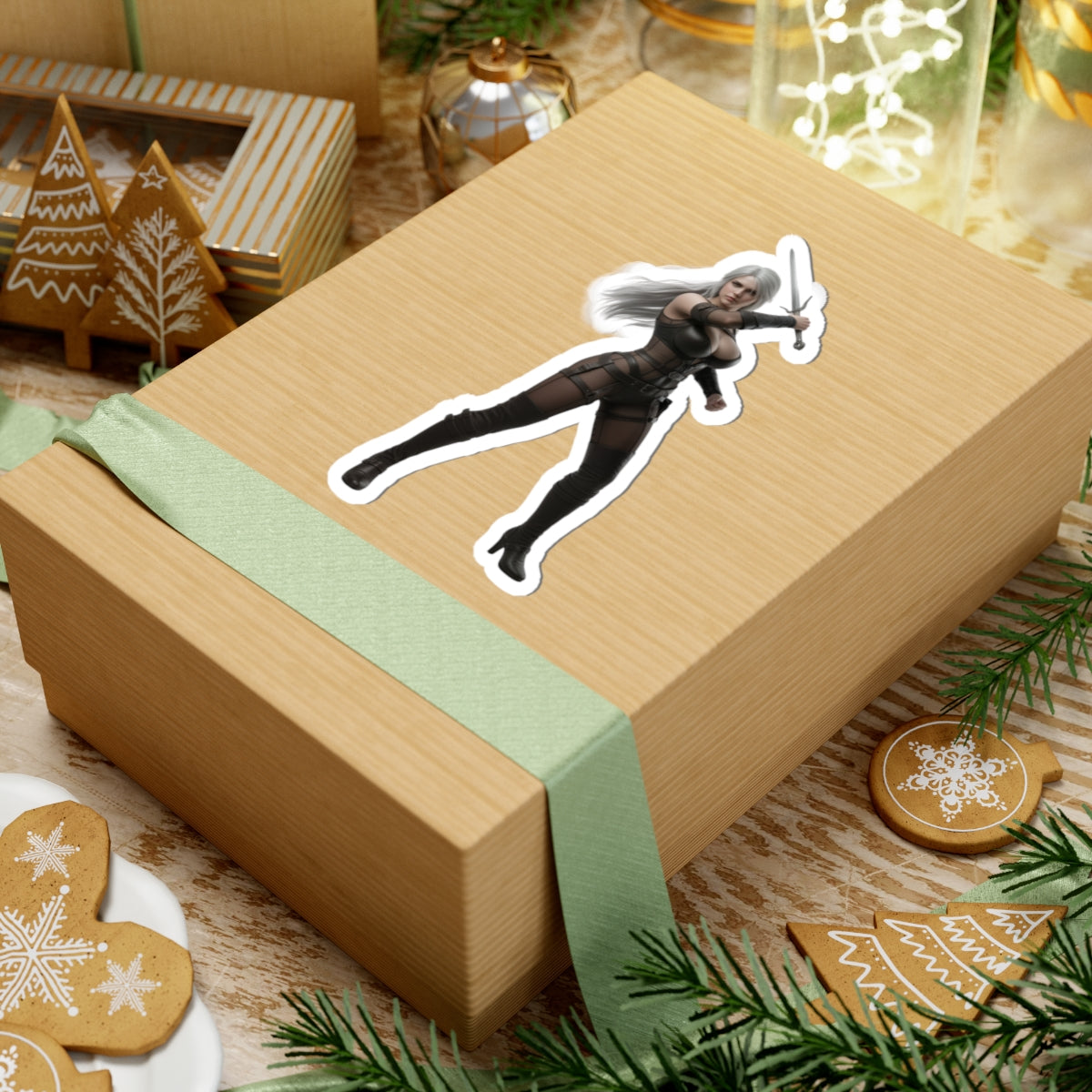 Ciri Sticker – Fantasy Game Vinyl Sticker for Laptops & Indoor Decor on a wrapped gift box, glossy durable vinyl, vibrant detail