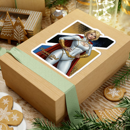 Power Girl Sticker – Comic Heroine Vinyl Sticker for Laptops & Indoor Decor on a gift box showing glossy, vibrant comic-style vinyl decal
