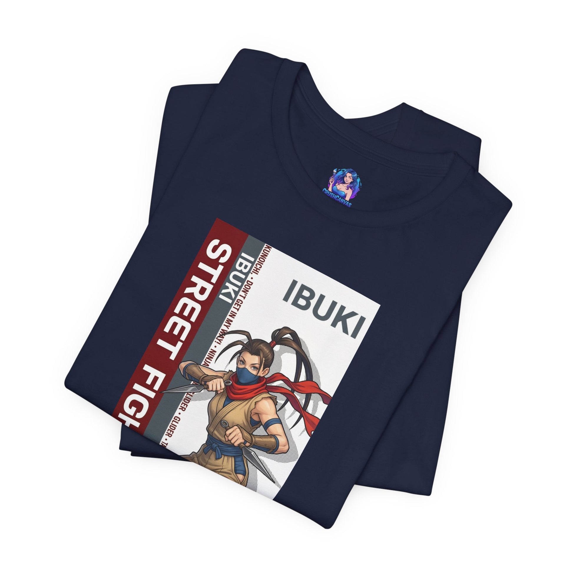 Ibuki T-Shirt | Street Fighter Anime Tee for Gamers & Fighting Game Fans navy tee showing dynamic Ibuki ninja illustration on Bella Canvas 3001