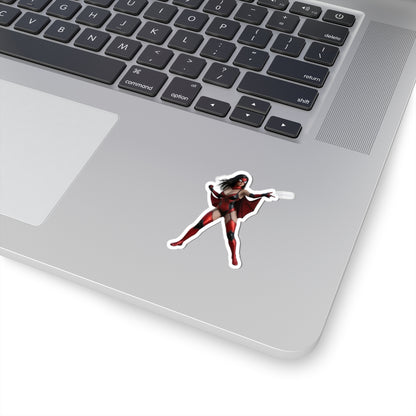 Spider Woman Sticker – Comic Heroine Vinyl Sticker for Laptops & Indoor Decor on silver laptop, glossy red-and-black comic heroine vinyl sticker applied