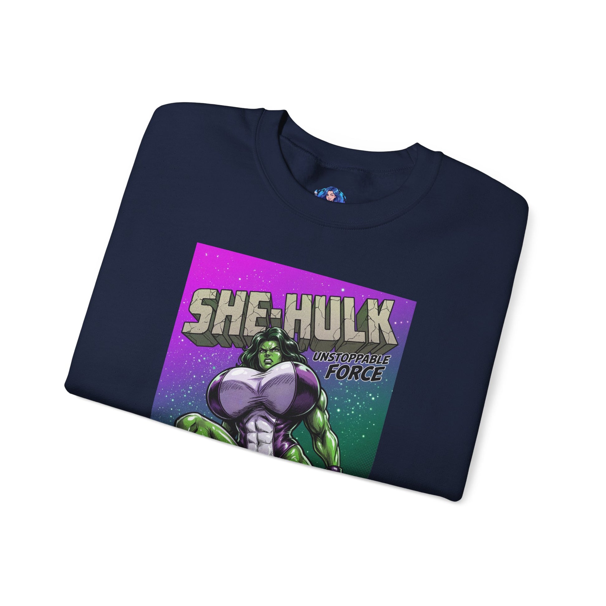 She-Hulk Sweatshirt, Comic Character Art, Premium Fan Apparel – navy crewneck with vivid green She-Hulk graphic and bold comic lettering