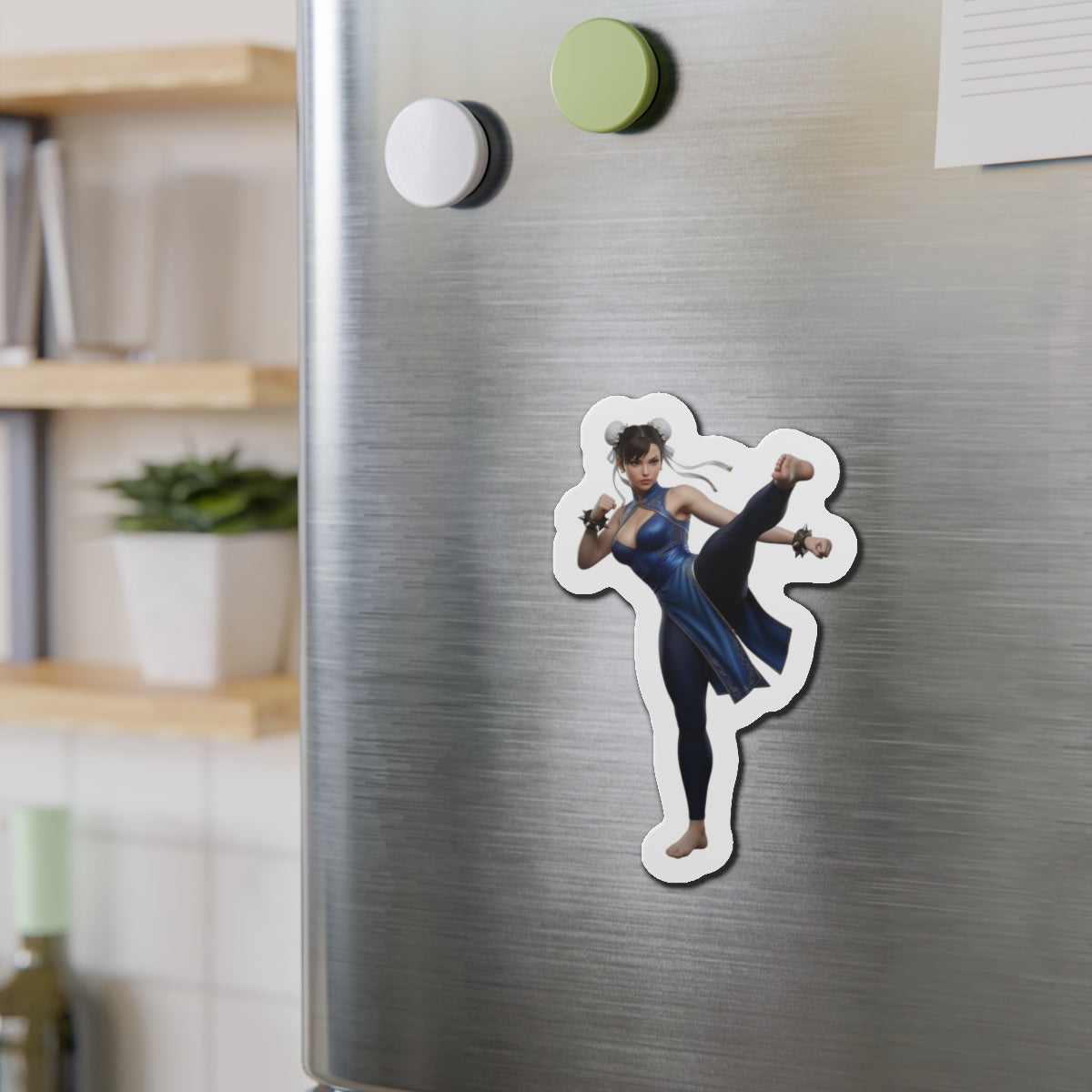 Chun-Li Magnet – Street Fighter Anime Heroine Fridge Magnet, Game Decor on stainless fridge showing die-cut vinyl Chun-Li artwork