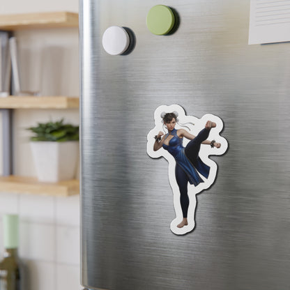 Chun-Li Magnet – Street Fighter Anime Heroine Fridge Magnet, Game Decor on stainless fridge showing die-cut vinyl Chun-Li artwork