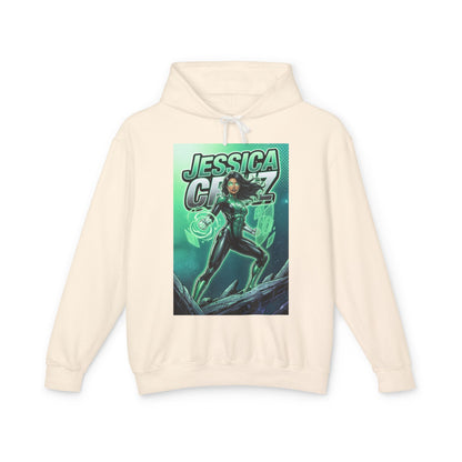 Jessica Cruz Hoodie | Green Lantern Hoodie | DC Superhero Pullover - cream pullover with glowing green Jessica Cruz comic art on front