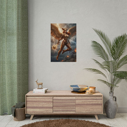 Hawkgirl Poster, DC Comics Art Print – Mythic Hero Wall Decor showing mythic hawkgirl with wings over stormy sky in gamer room