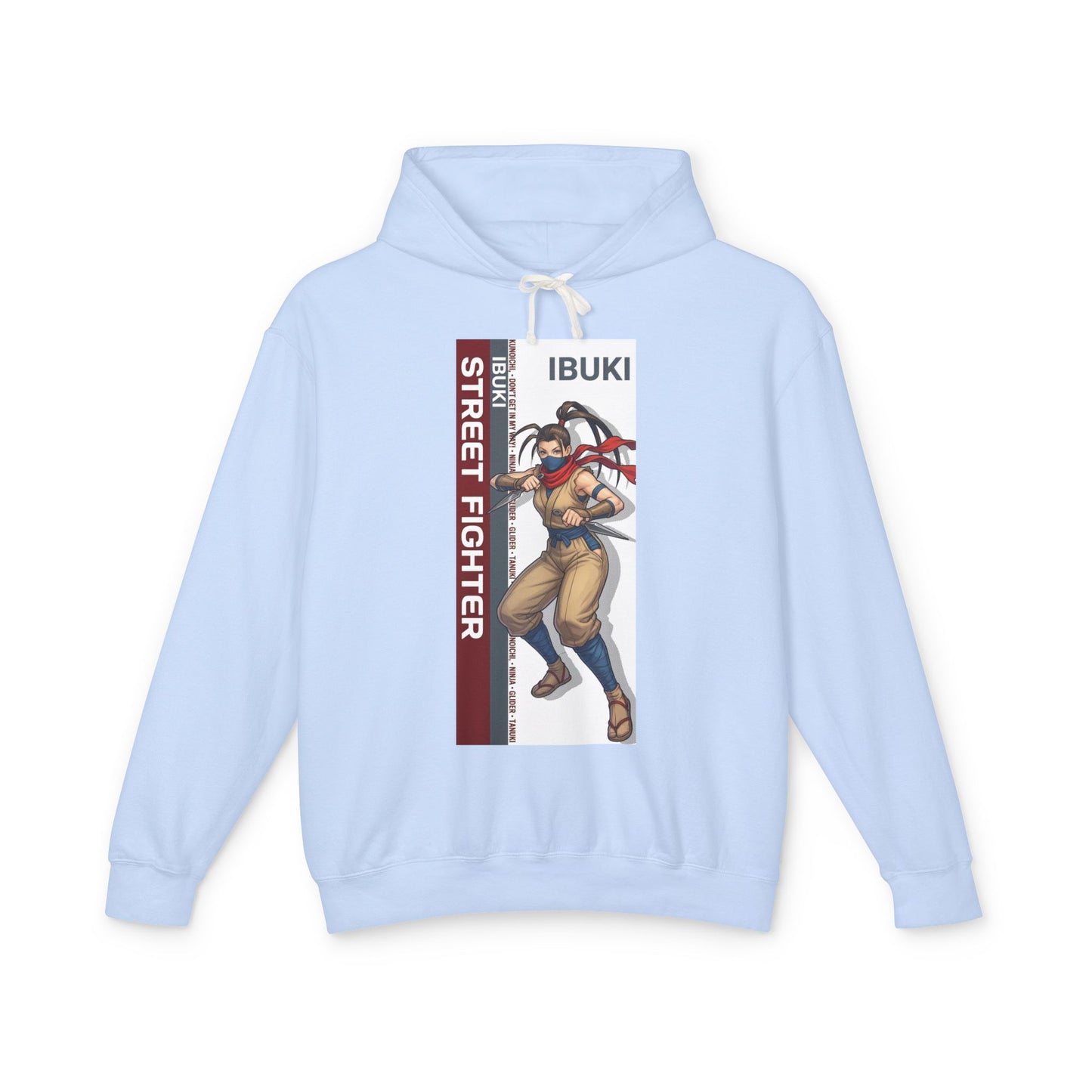 Ibuki Hoodie | Street Fighter Hoodie | Anime Ninja Girl Pullover - light blue pullover with vertical Ibuki ninja artwork