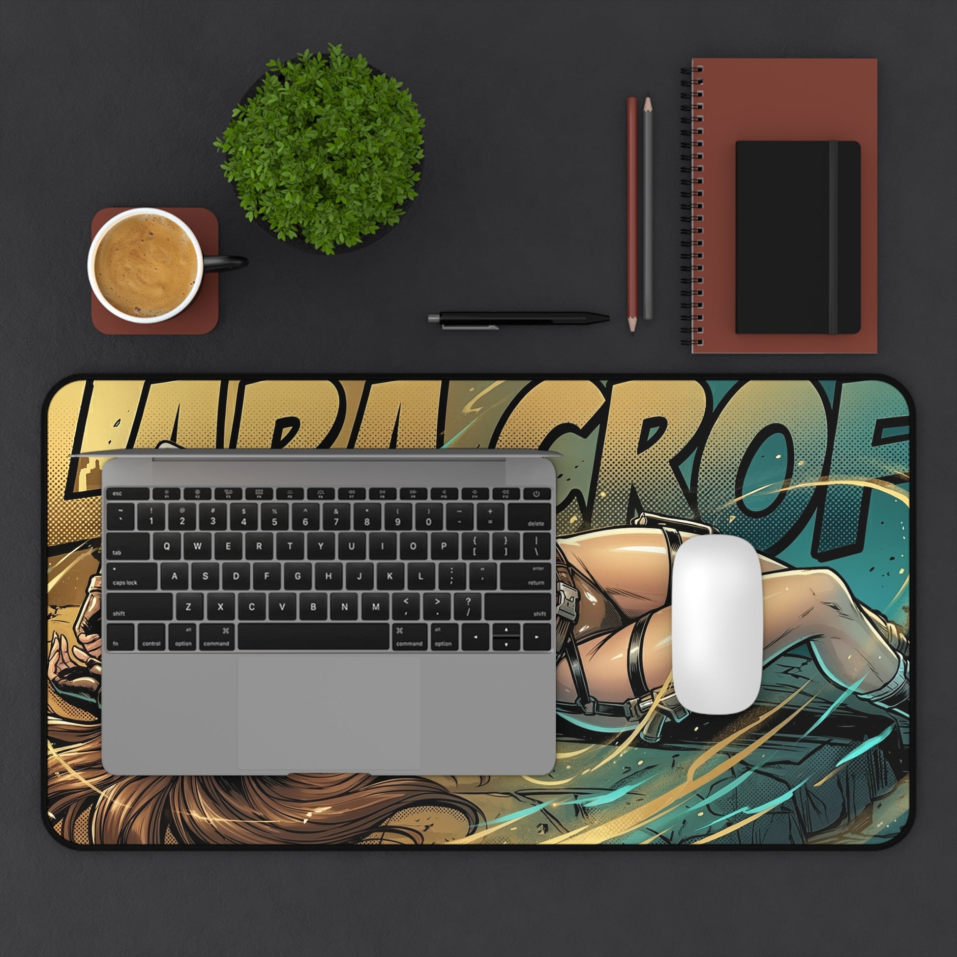 Lara Croft Desk Mat, Tomb Raider Mouse Pad, Adventure Gaming Setup Desk Decor showing illustrated Lara Croft desk mat with laptop and mouse