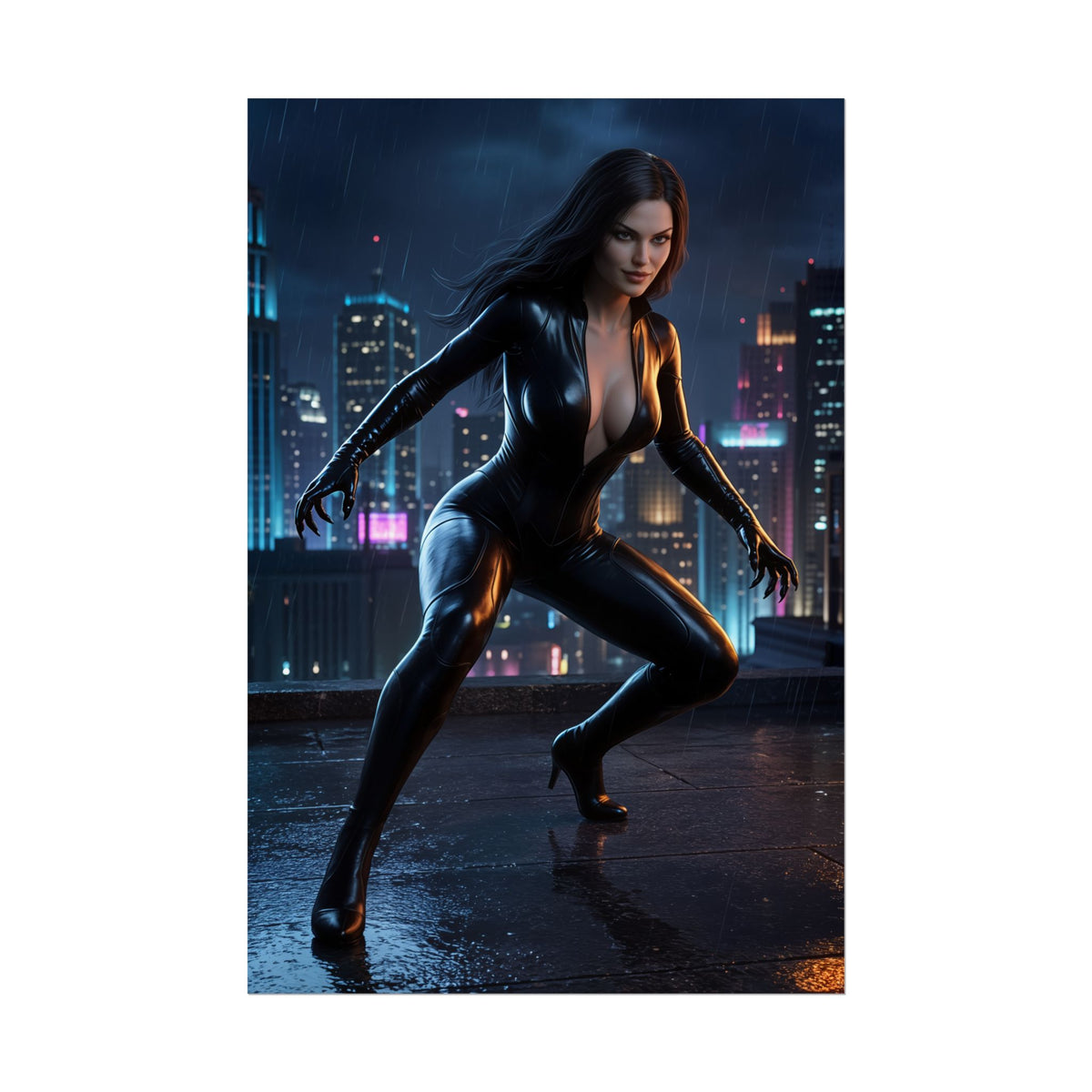 Black Cat Poster, Marvel Art Print  Gamer Room Superhero Wall Art showcasing Black Cat in glossy black suit on rainy rooftop, gamer room and fan decor